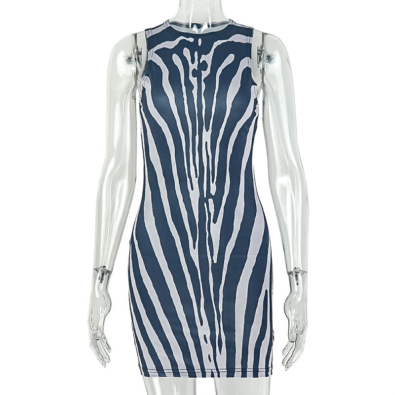 Zebra Print Mesh Crew Neck Sleeveless Bodycon Mini Dress 5