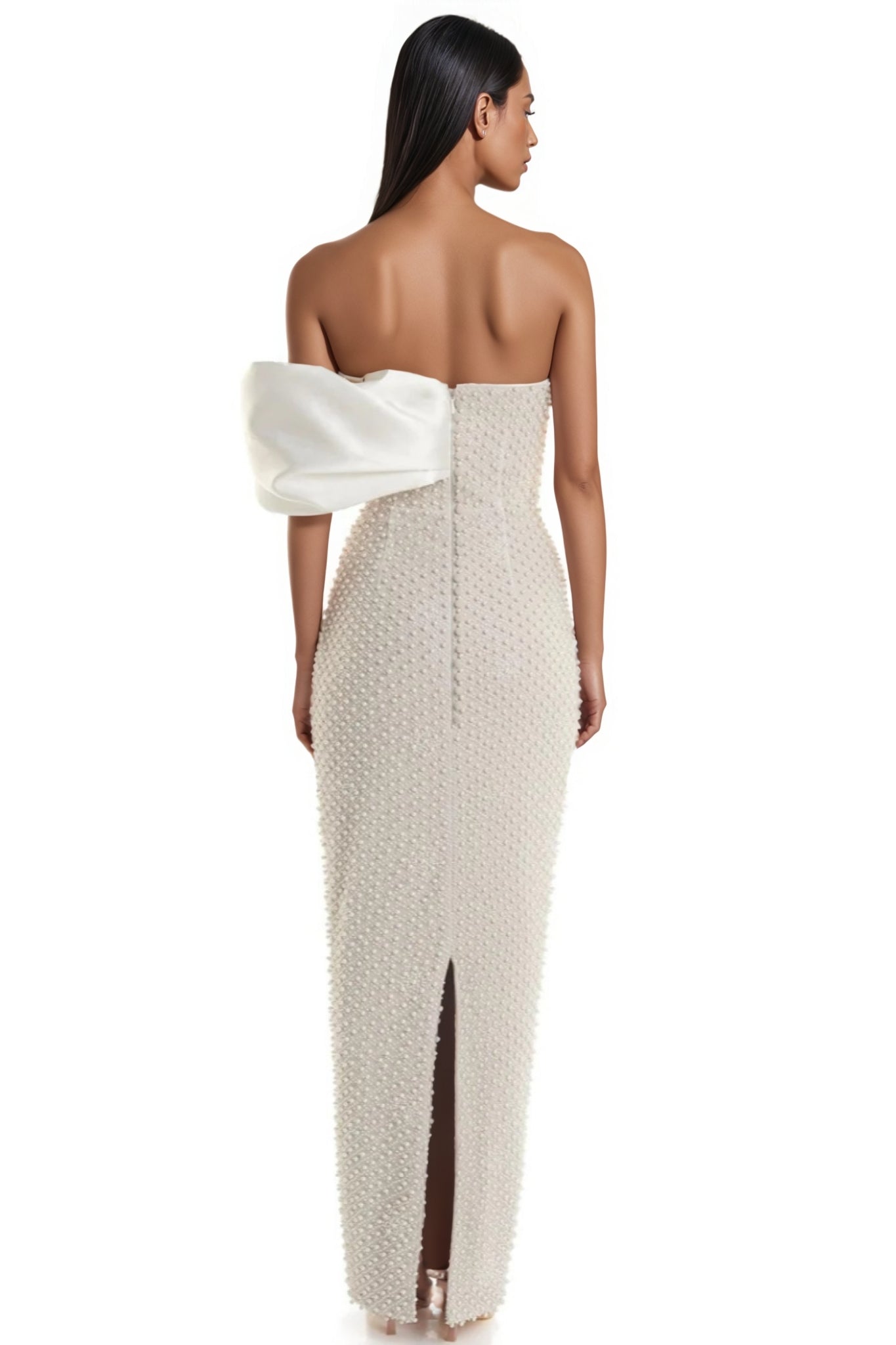 Pearl Embellished Strapless Ruffle Bodice Column Maxi Gown