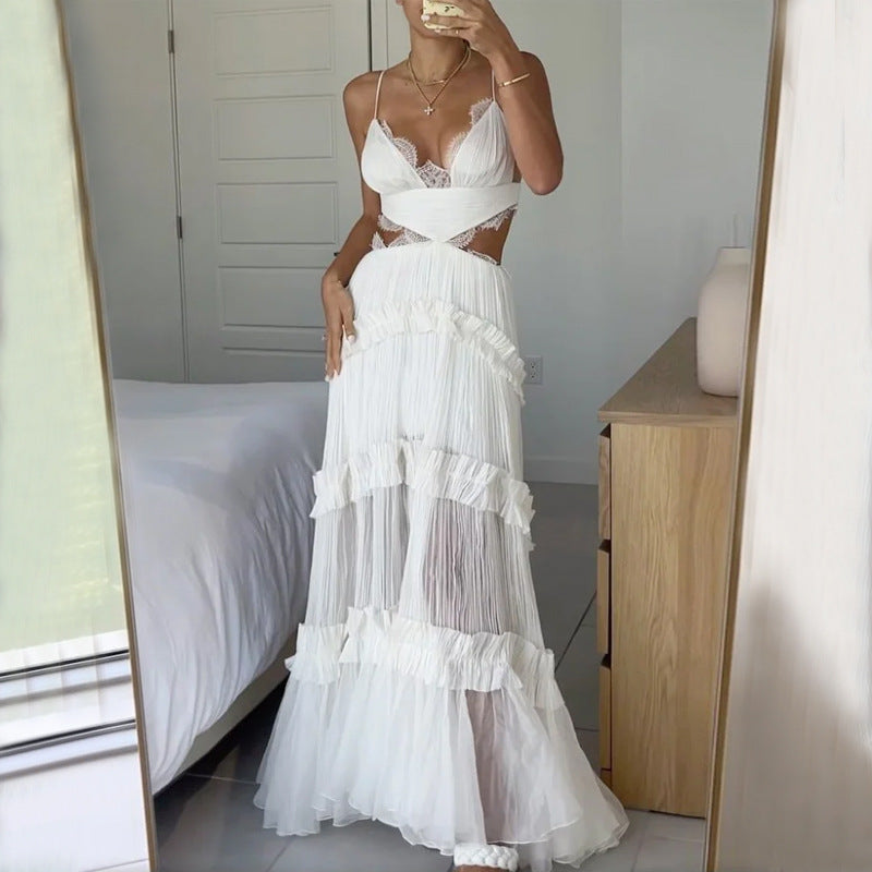 Fall Sexy Home Strap Lace See through Ripped Dress Organza