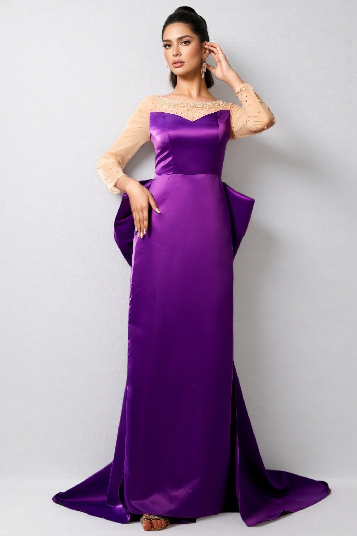 Pearl Embellished Sheer Mesh Yoke Long Sleeve Sweetheart Hip Bow Maxi Gown