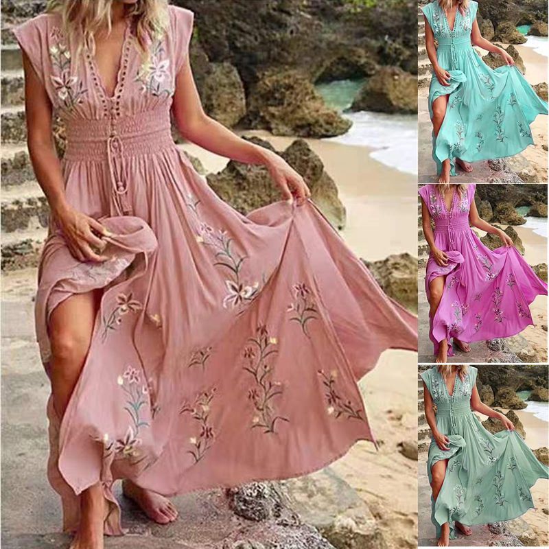 Floral Embroidered Deep V-Neck Smocked Waist Maxi Dress