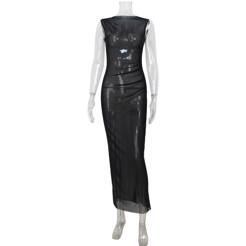 Mesh Overlay Ruched Sleeveless Mermaid Maxi Gown - View 4