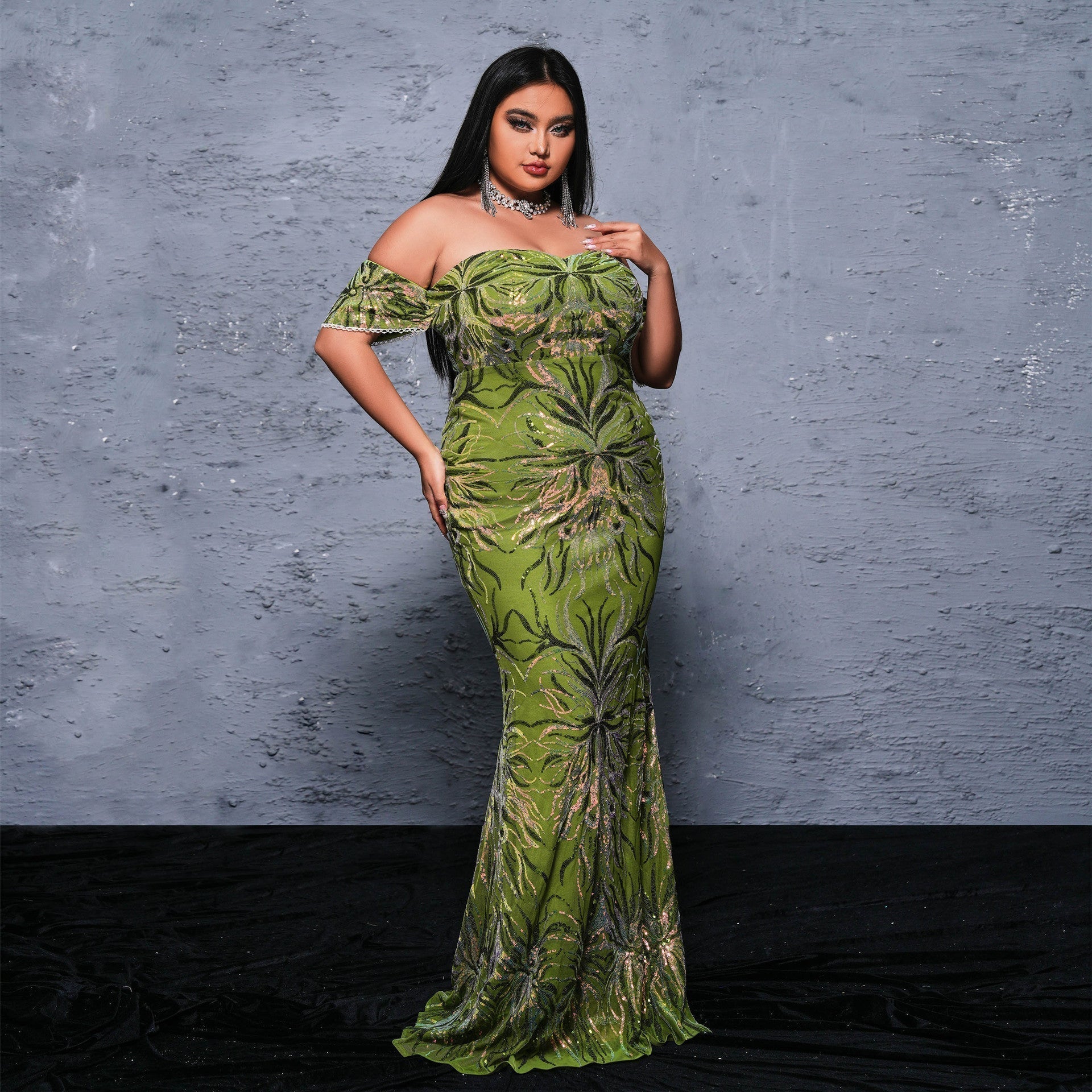 Sequin Off Shoulder Short Sleeve Mermaid Maxi Gown