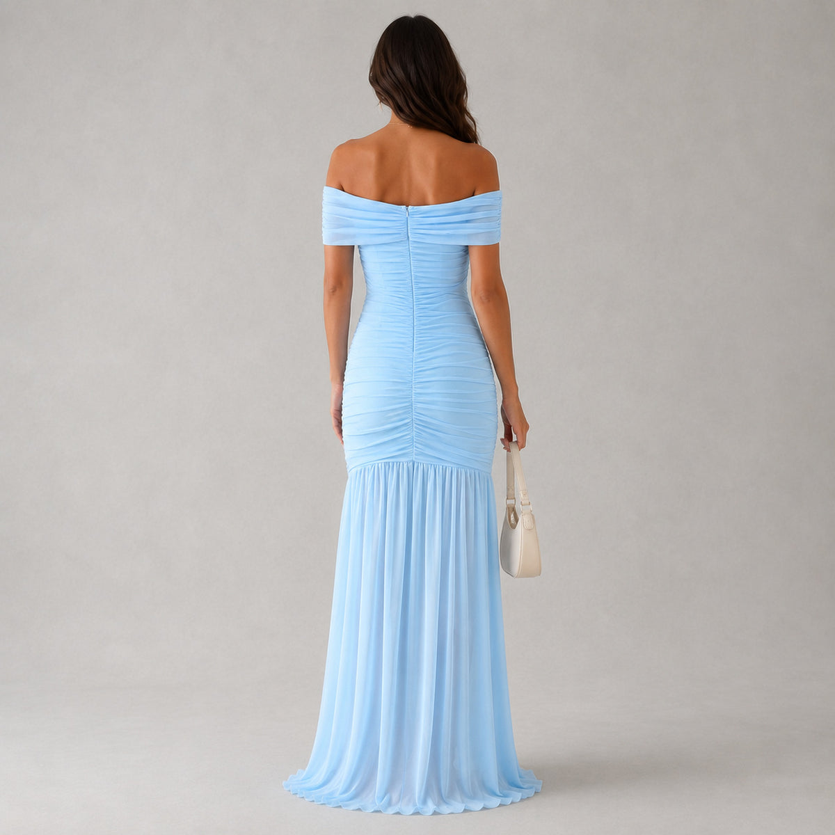 Sexy off Shoulder Fishtail Dress Slim Pleated Mesh Stitching Maxi Dress