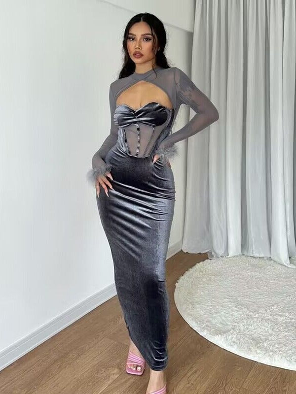 Evening Feather-Decorated Velvet Maxi Dress - View 2