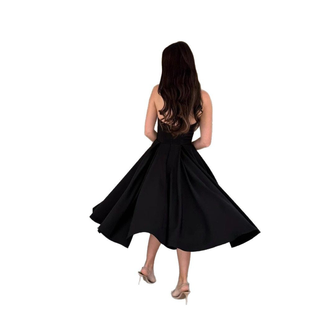 Strapless Fit and Flare Pleated Midi Cocktail Dress
