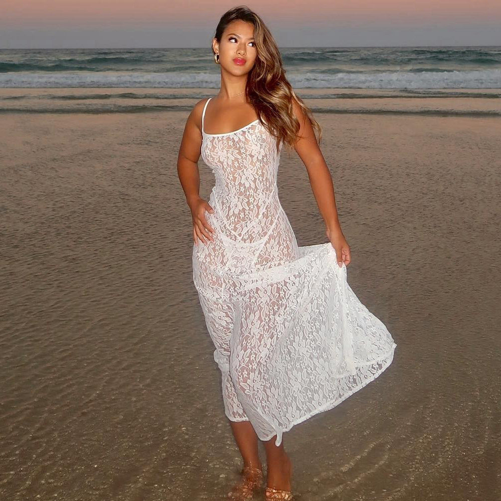 Sheer Floral Lace Spaghetti Strap Fitted Maxi Beach Dress 4