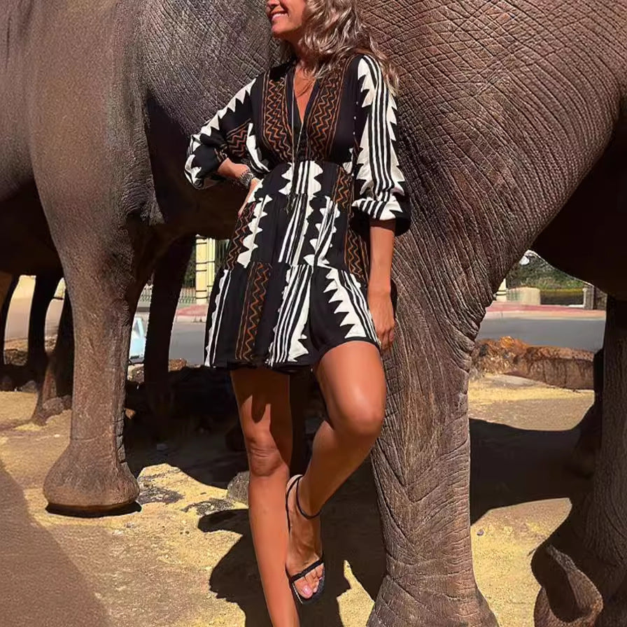 Geometric Print V-Neck Balloon Sleeve Tiered Mini Dress 3