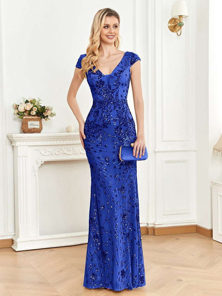 Sequin V-Neck Cap Sleeve Mermaid Evening Gown