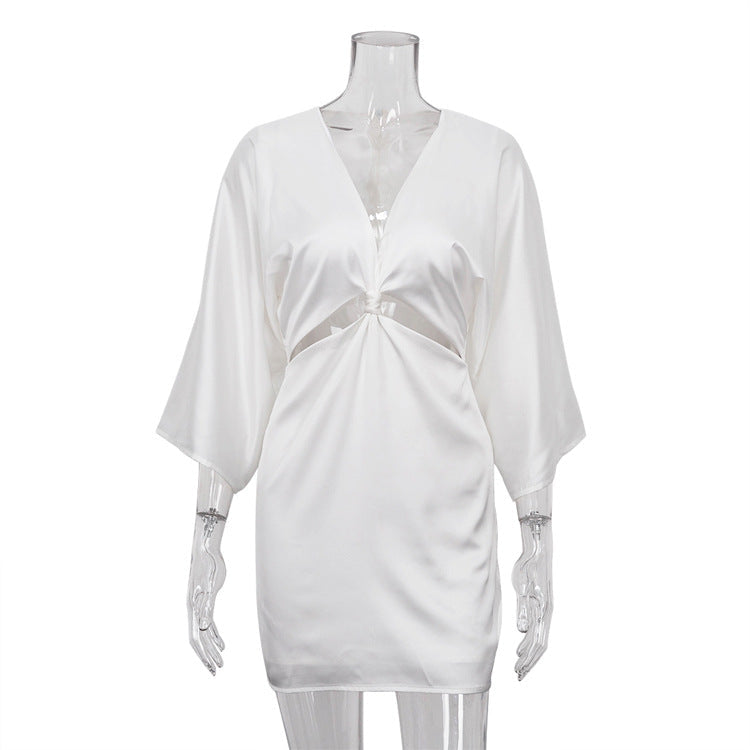 Satin Deep V-Neck Twist Front Cut Out Flare Sleeve Mini Dress