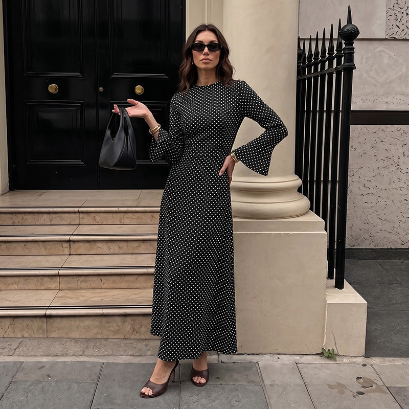 Autumn Winter Elegant Maxi Dress Polka Dot Flared Long Sleeve Backless Lace up Dress for Women