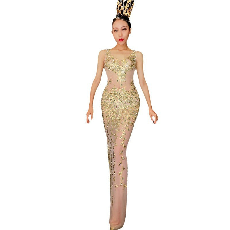 Sequin Beaded Crew Neck Sleeveless Mermaid Maxi Gown