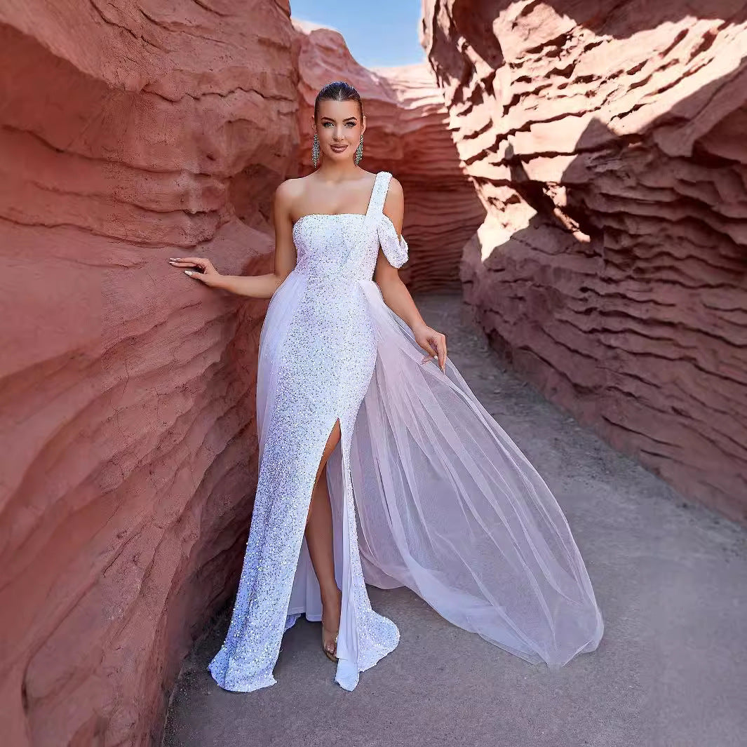 Sequin Strapless High Split Tulle Overlay Train Maxi Gown 4