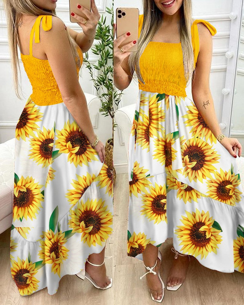 Floral Print Shirred Tie Strap Ruffle Hem Midi Dress