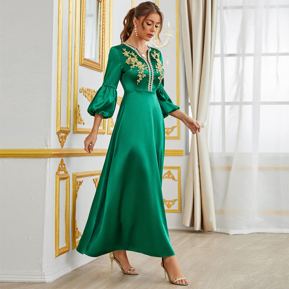 Satin V-Neck Lace Embroidery Puff Sleeve Formal Maxi Gown