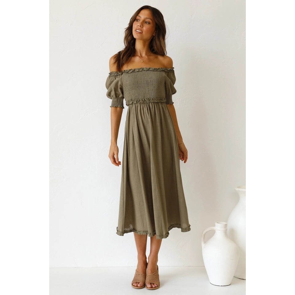 Off Shoulder Smocked Puff Sleeve Ruffle Hem Midi Dress