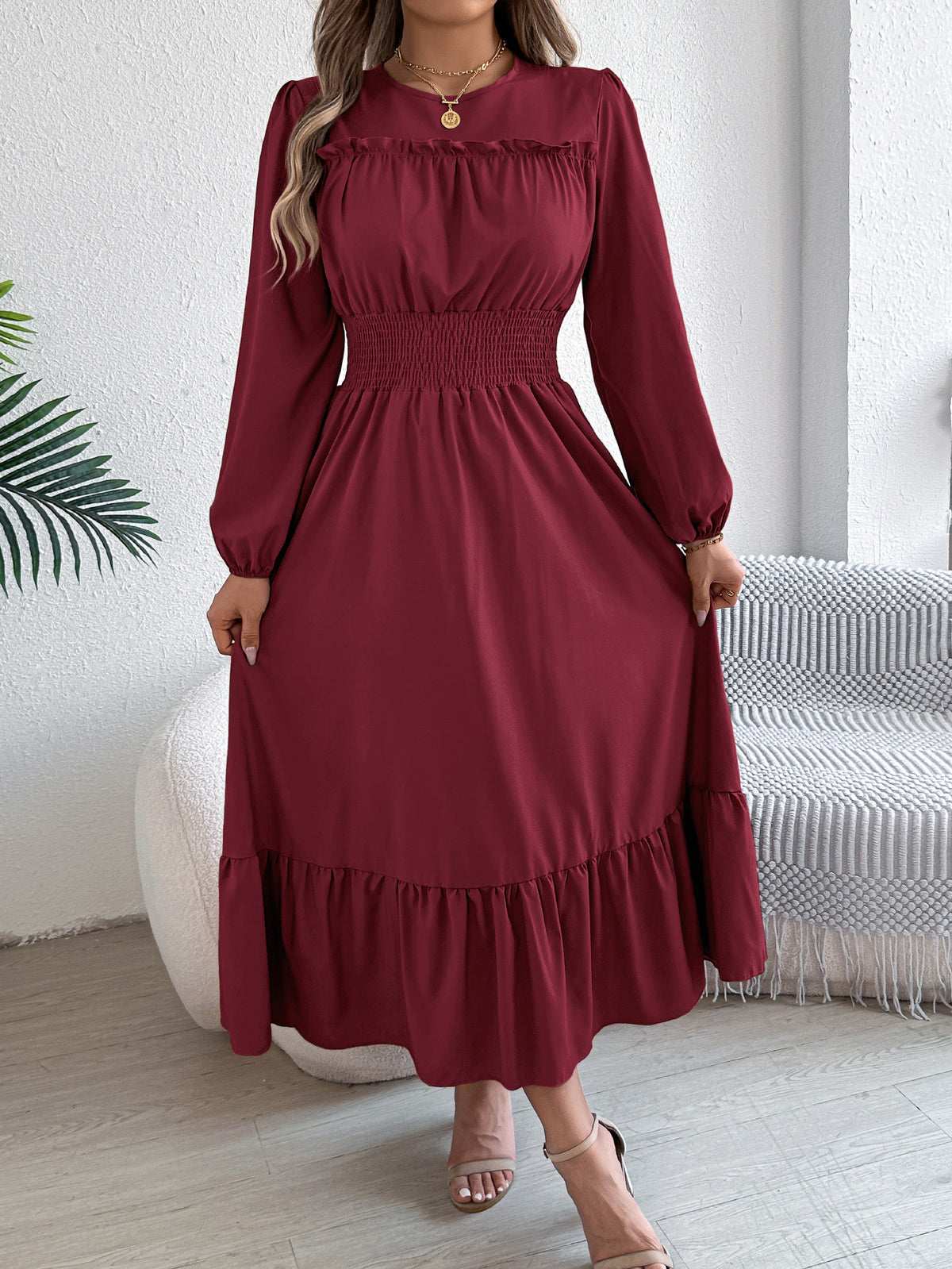 Crew Neck Long Sleeve Ruffle Yoke Smocked Waist Tiered Hem Maxi Dress 3