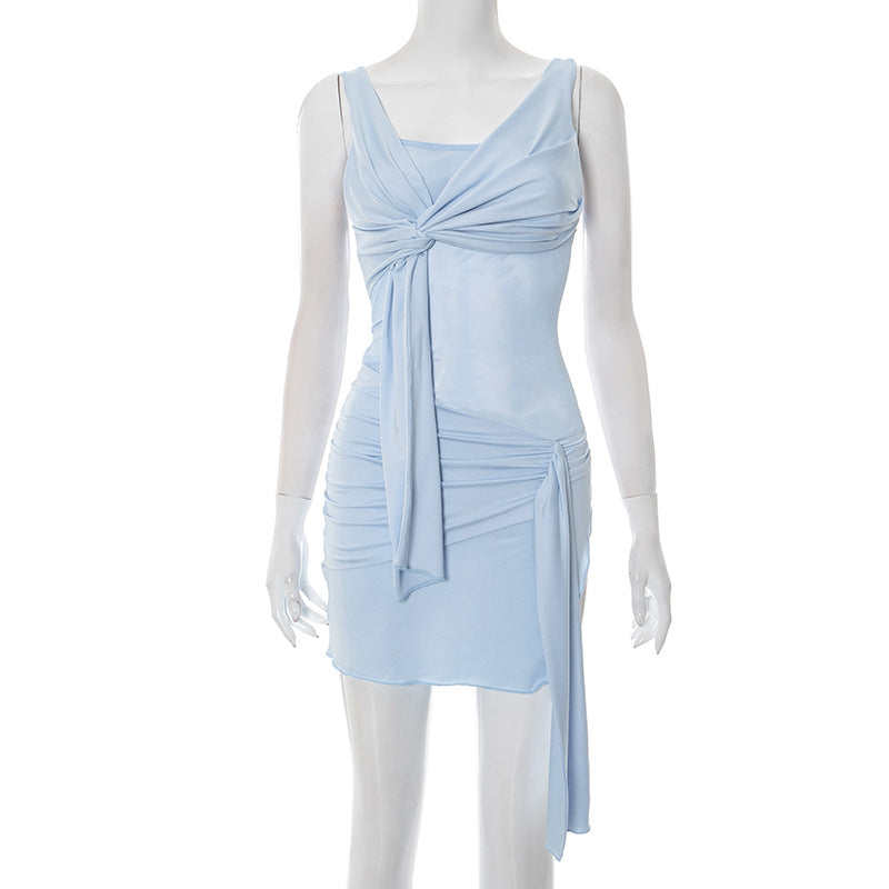 Sheer Mesh Draped Tie Front Sleeveless Side Split Mini Dress 2