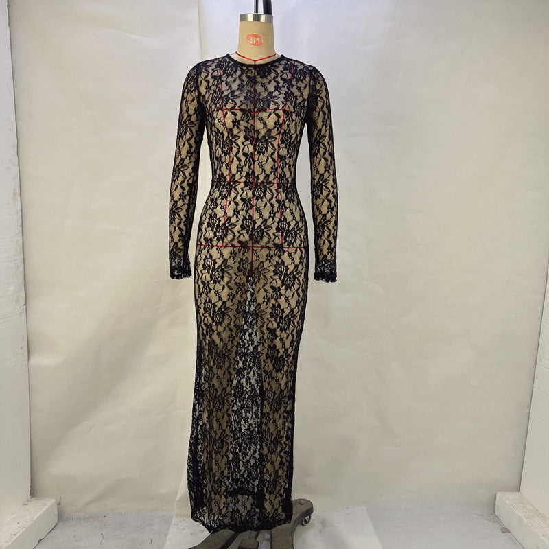 Spring Summer Solid Color Lace See through Long Sleeve Mid Dress - View 6