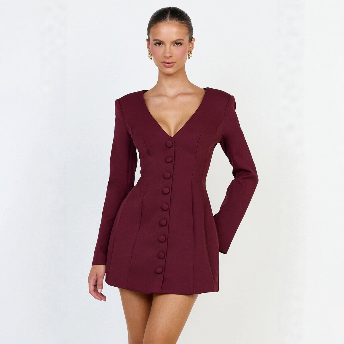 V-Neck Long Sleeve Button Front Tailored Blazer Mini Dress