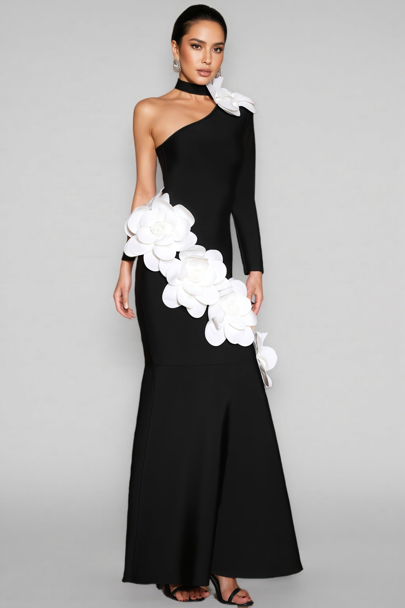 Zellk One Shoulder 3D Floral Bandage Maxi Dress