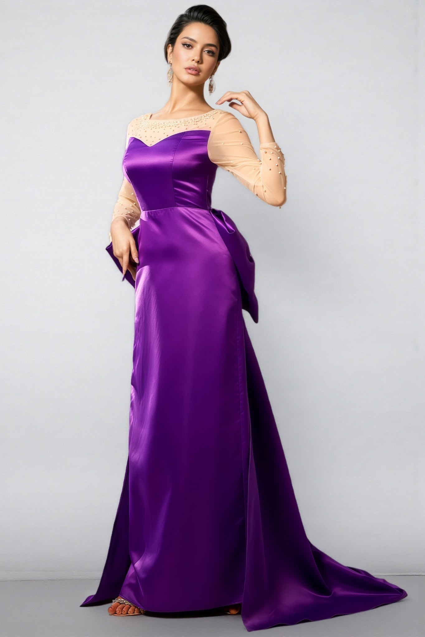 Pearl Embellished Sheer Mesh Yoke Long Sleeve Sweetheart Hip Bow Maxi Gown