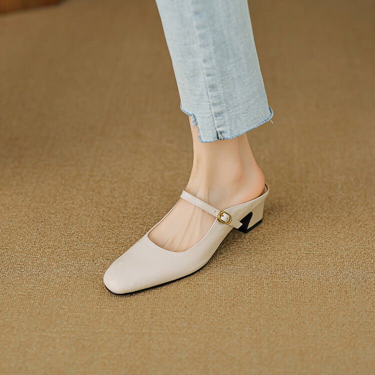 Square Toe Buckle Strap Block Heel Mules