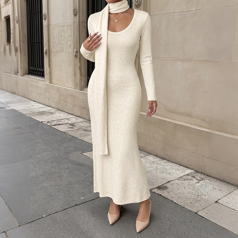 Knit Scoop Neck Long Sleeve Bodycon Maxi Dress with Scarf