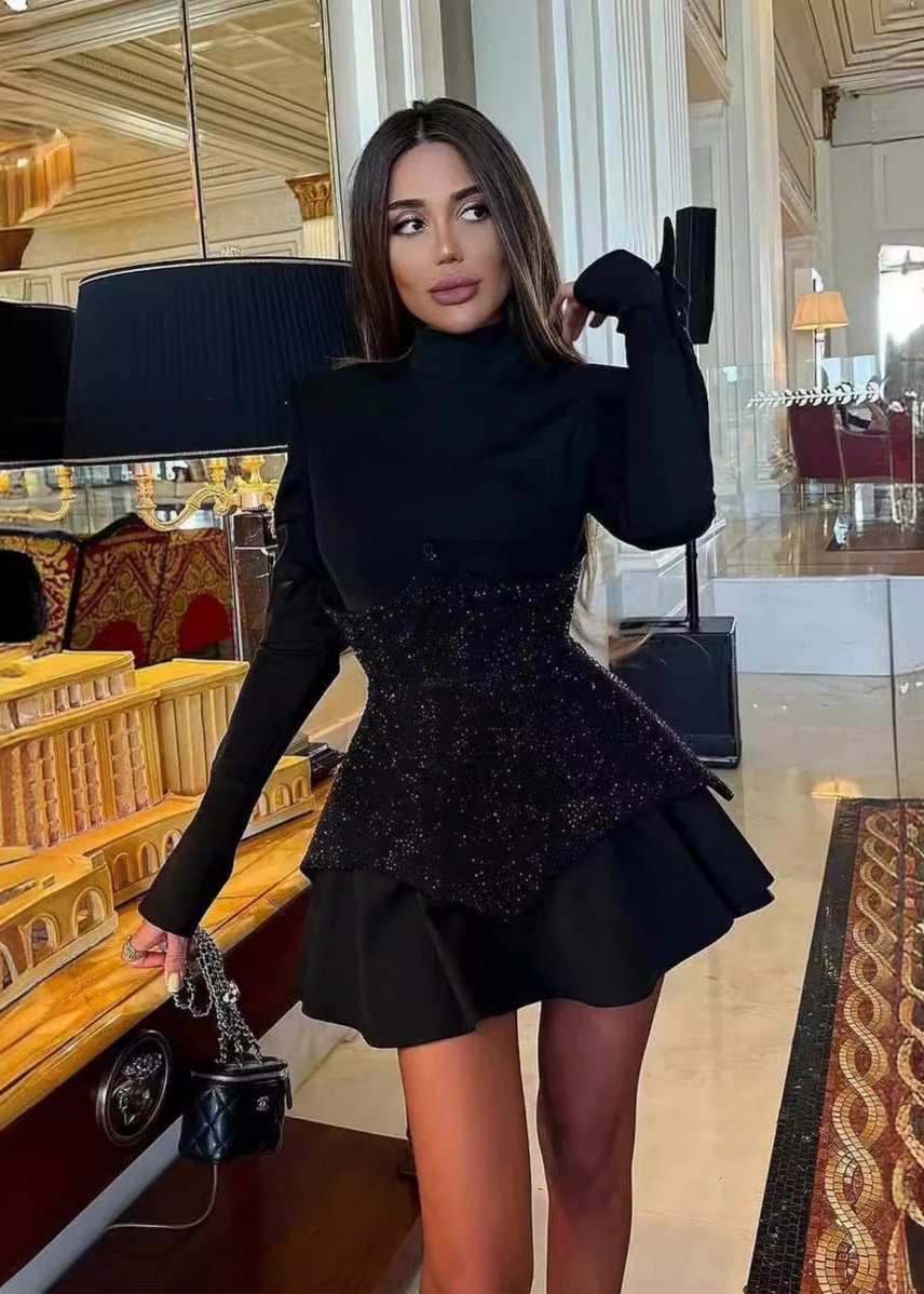 Faux Two Piece Sequin Corset Long Sleeve Tiered Mini Dress