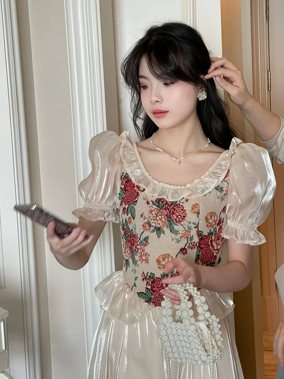 Floral Corset Puff Sleeve Square Neck Maxi Dress 4