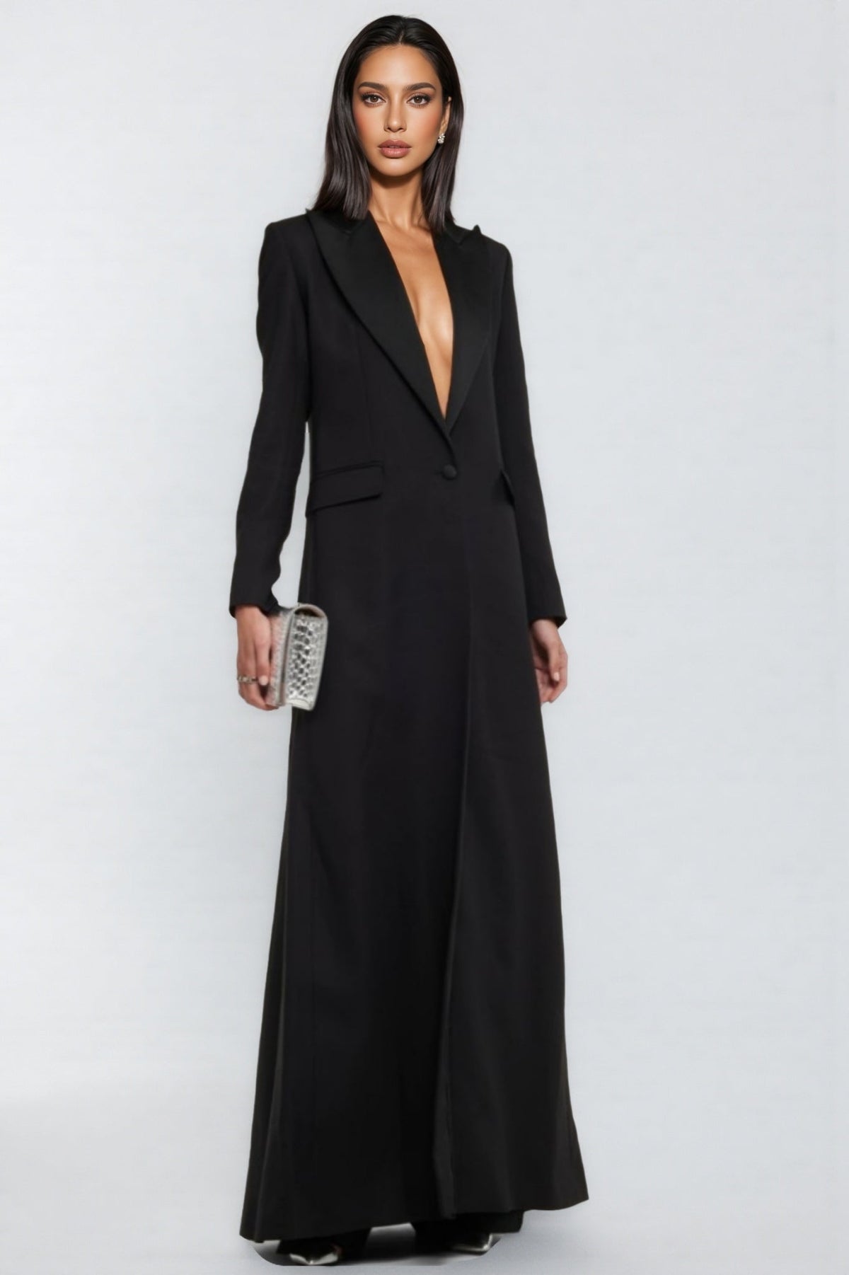 Deep V-Neck Long Sleeve Single Button Blazer Maxi Dress