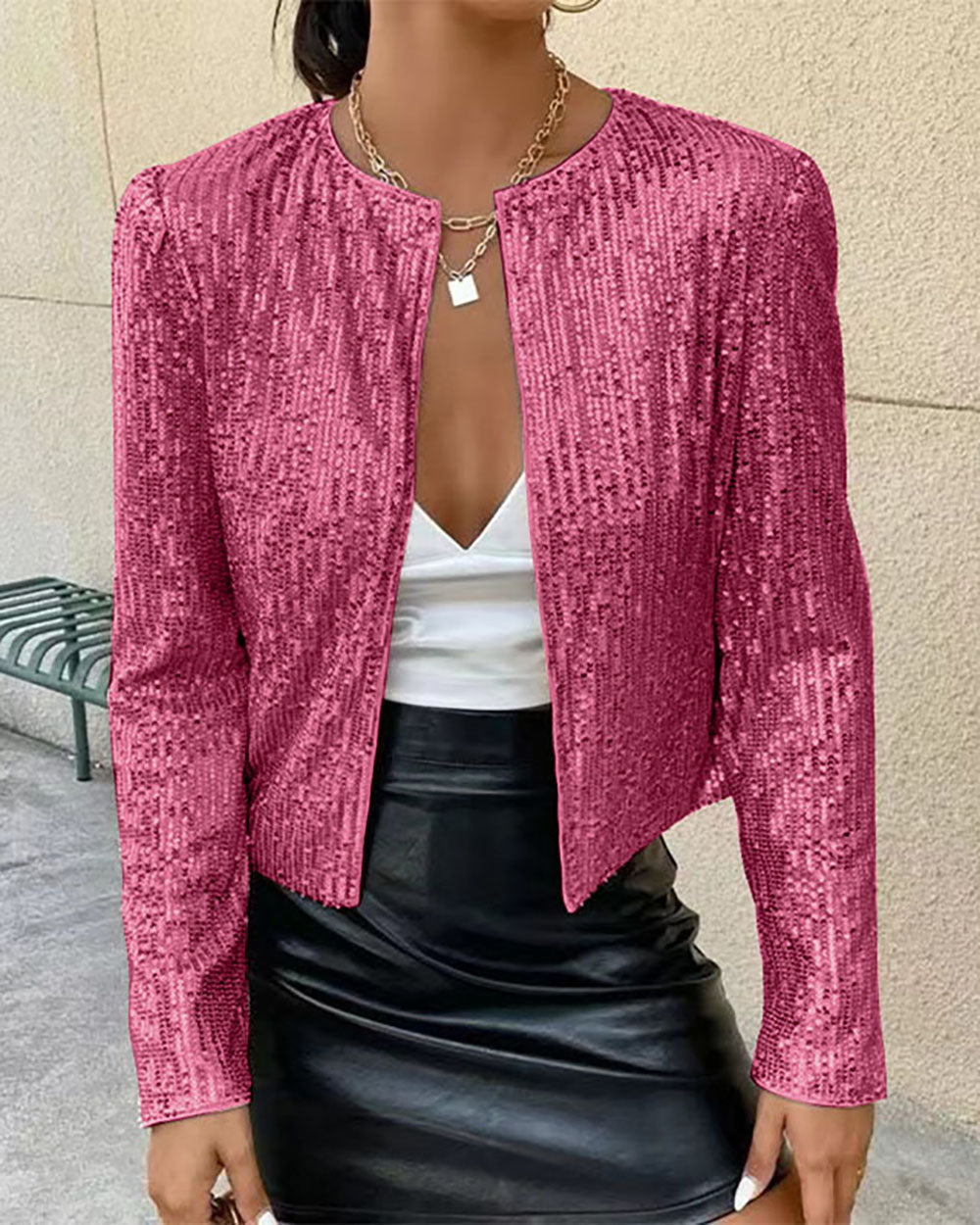 Smart sequined stand-up collar short coat