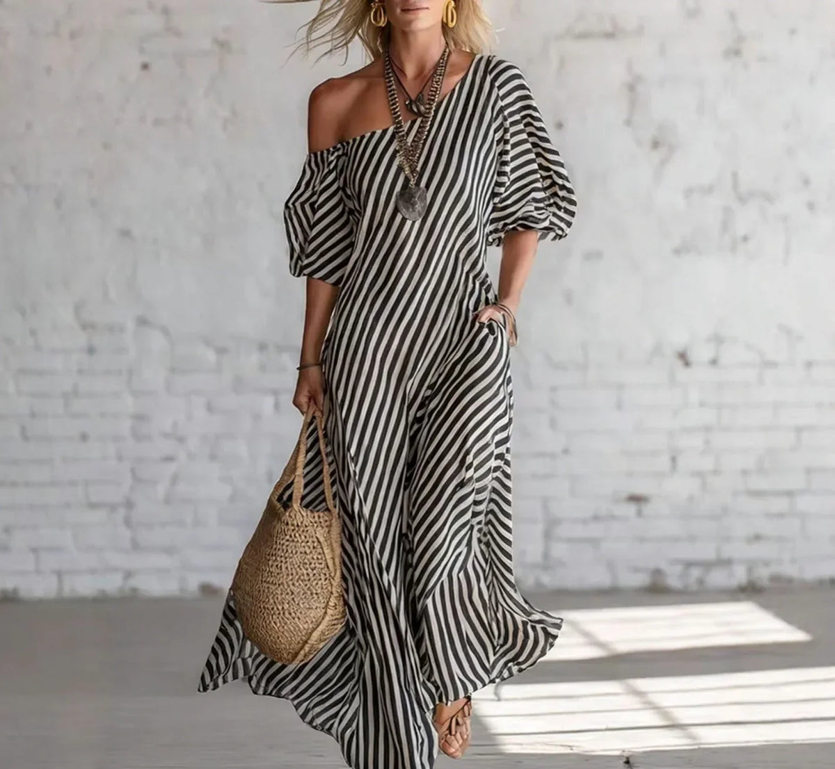 Striped One Shoulder Half Sleeve Loose Maxi Dress