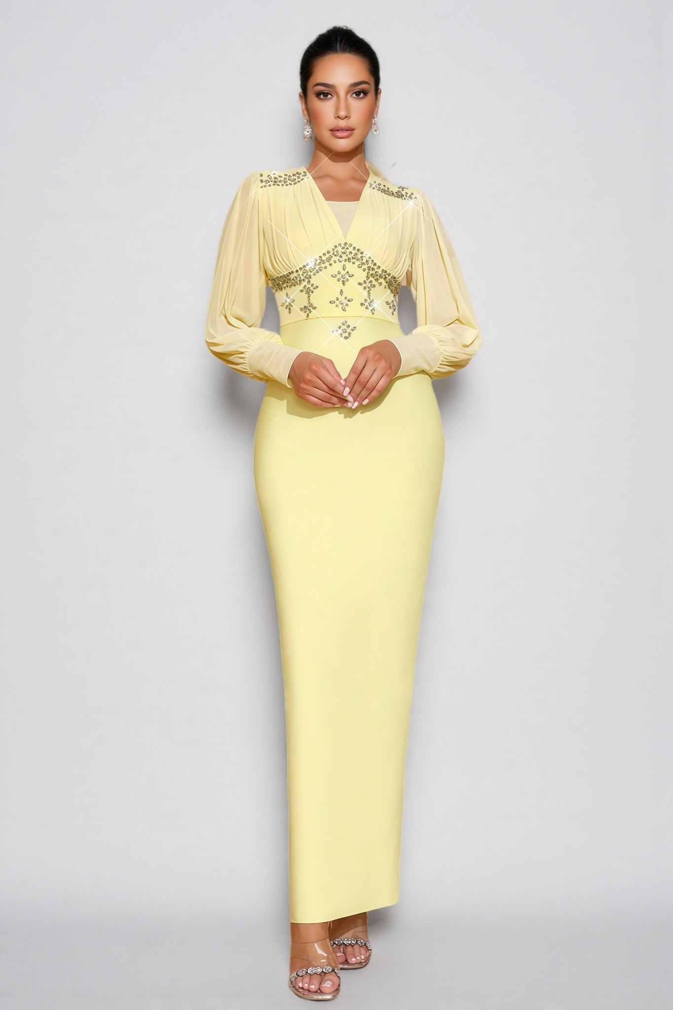 Euopa Yellow Rhinestone Maxi Dress - View 2