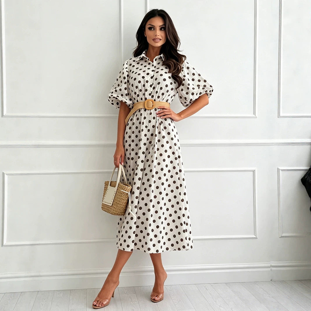 Polka Dot Puff Half Sleeve Button Front Collared Midi Shirt Dress 3
