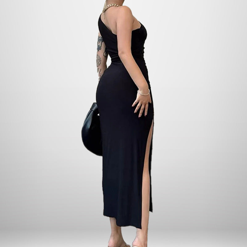 One Shoulder Sleeveless Ruched High Split Bodycon Maxi Dress