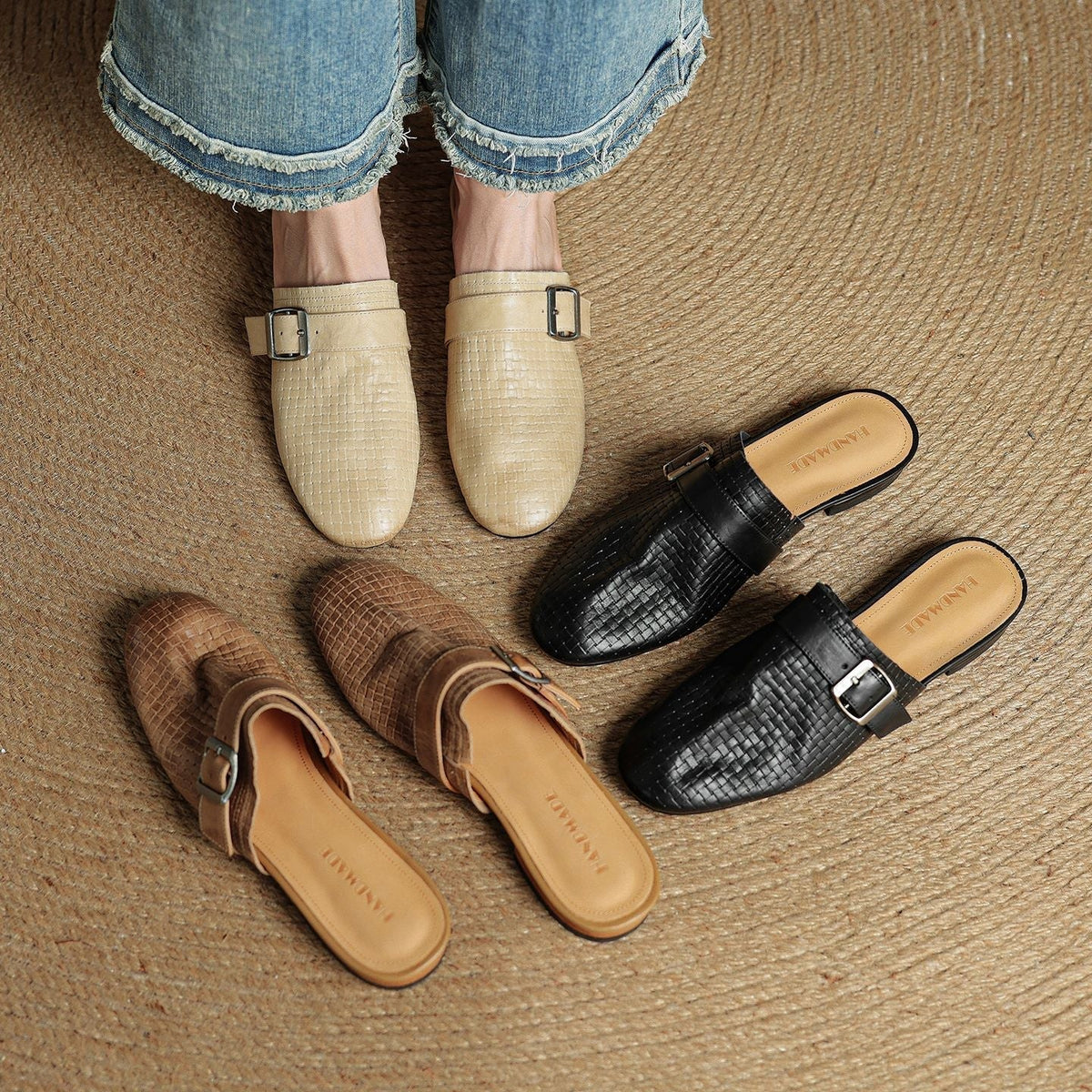 Croc Print Square Toe Buckle Flat Mules