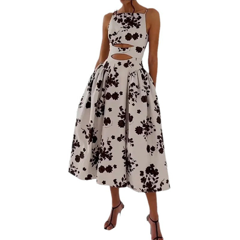 Floral Print Square Neck Cut Out A-Line Midi Dress