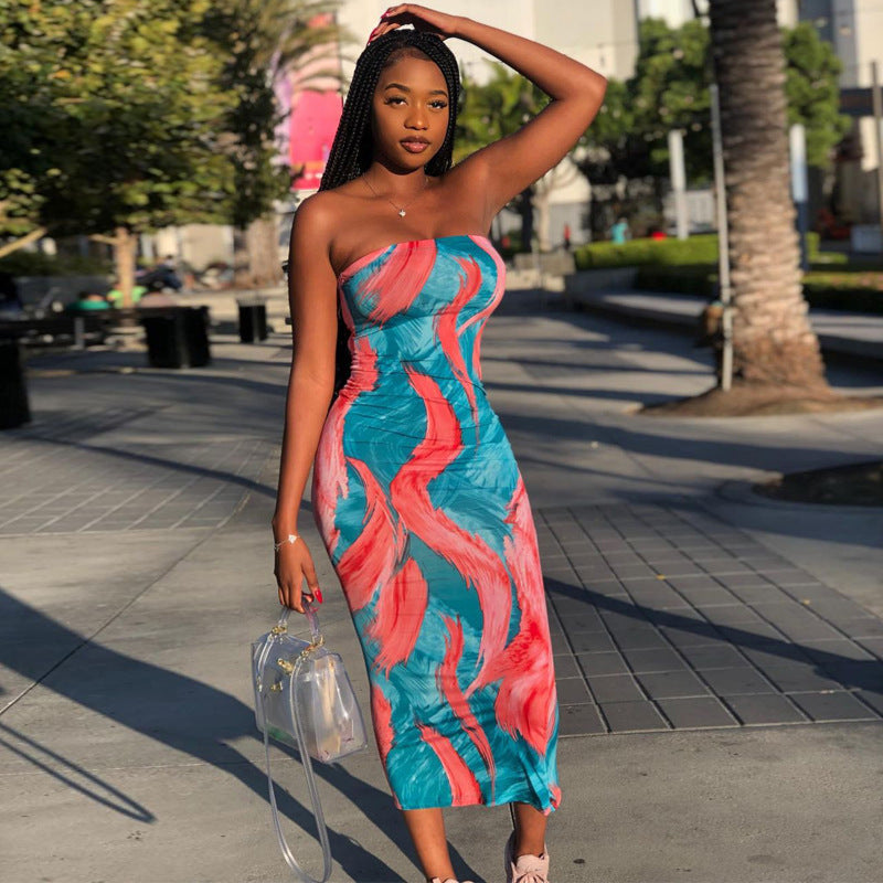 Vertical Stripe Print Strapless Tube Bodycon Maxi Dress 11