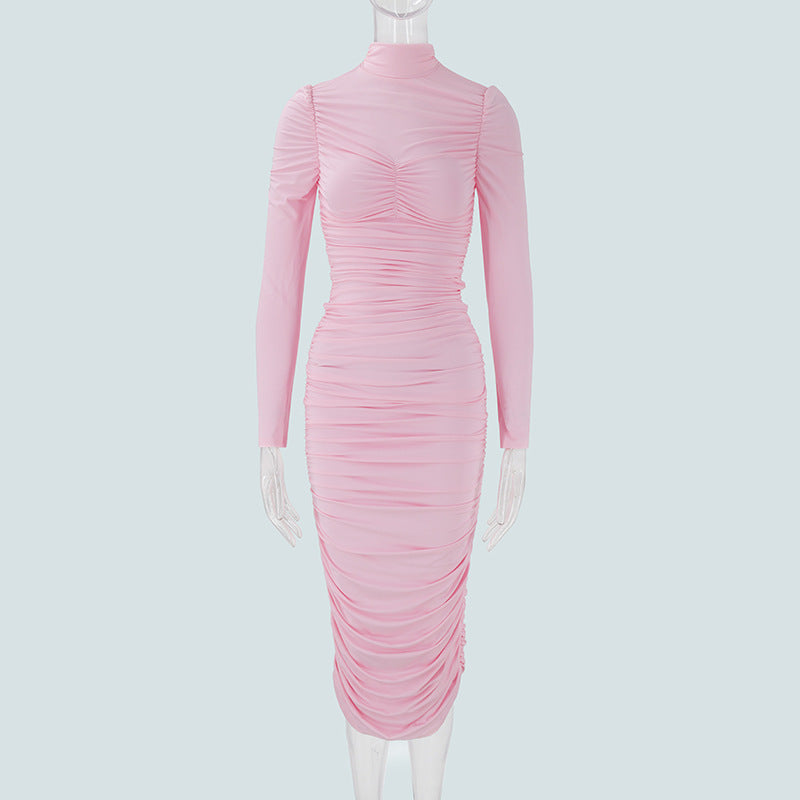 Mock Neck Long Sleeve Ruched Mesh Bodycon Maxi Dress 6