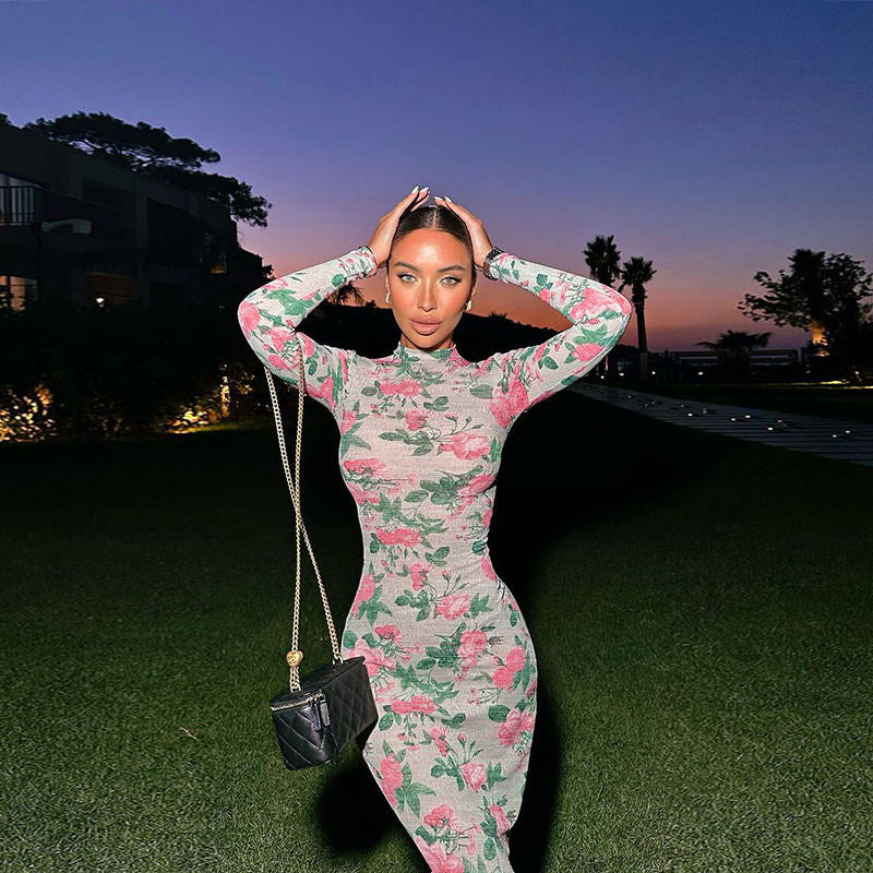 Floral Print Mock Neck Long Sleeve Bodycon Ruffle Hem Maxi Dress 2