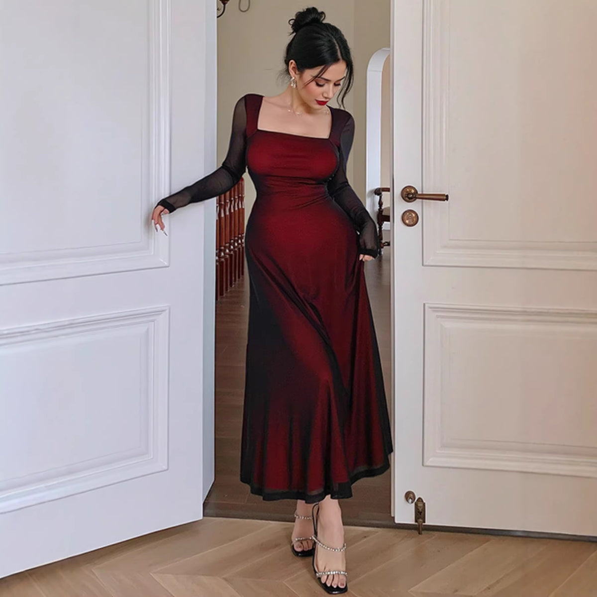 Mesh Overlay Square Neck Sheer Long Sleeve Fit and Flare Maxi Dress