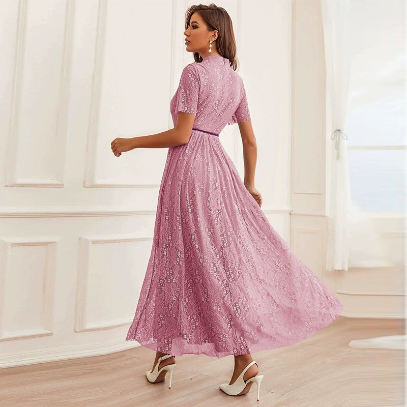 Mock Neck Short Sleeve Lace Belted A-Line Maxi Dress