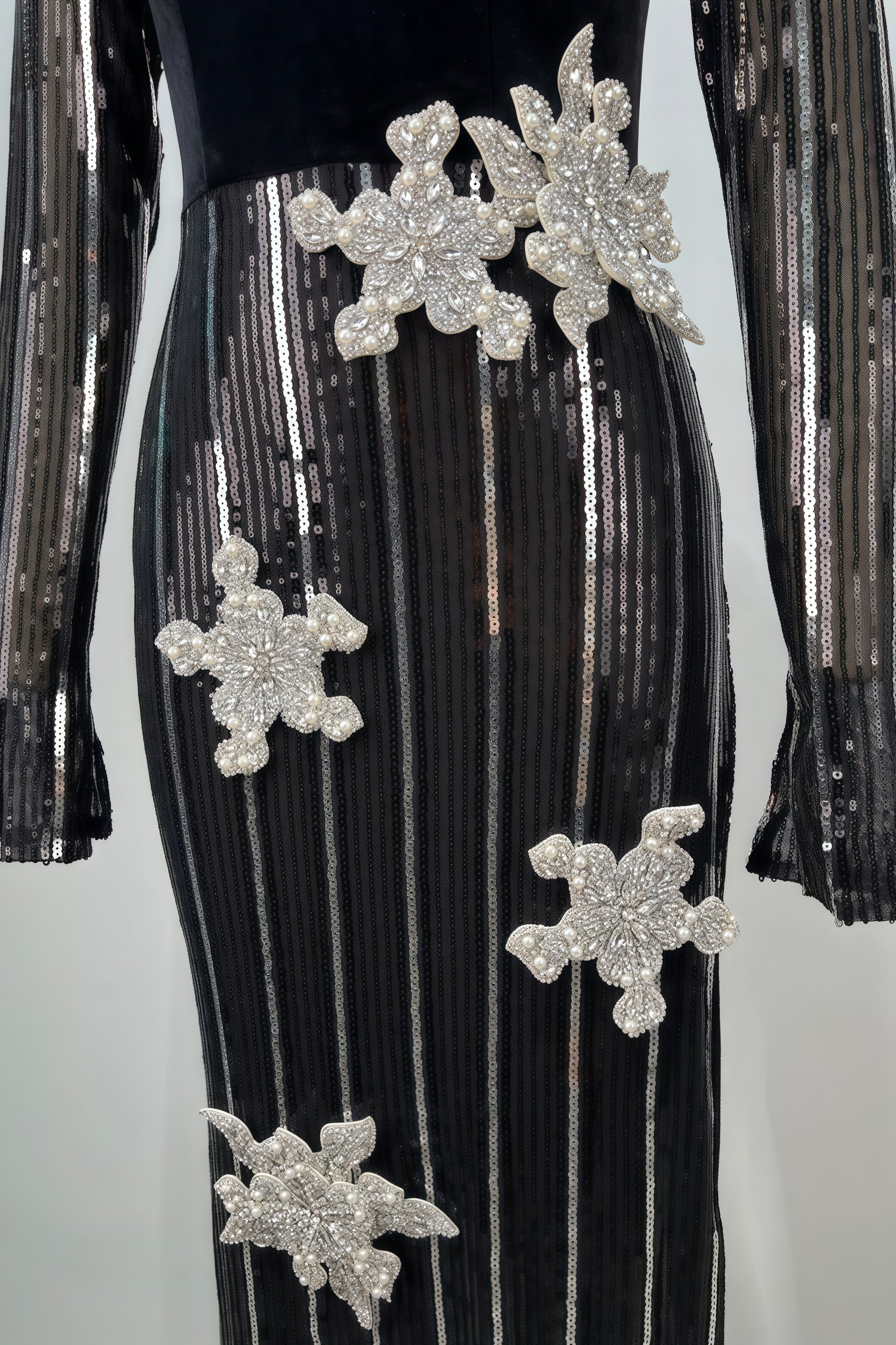 Sequin High Neck Long Sleeve 3D Flower High Split Maxi Gown