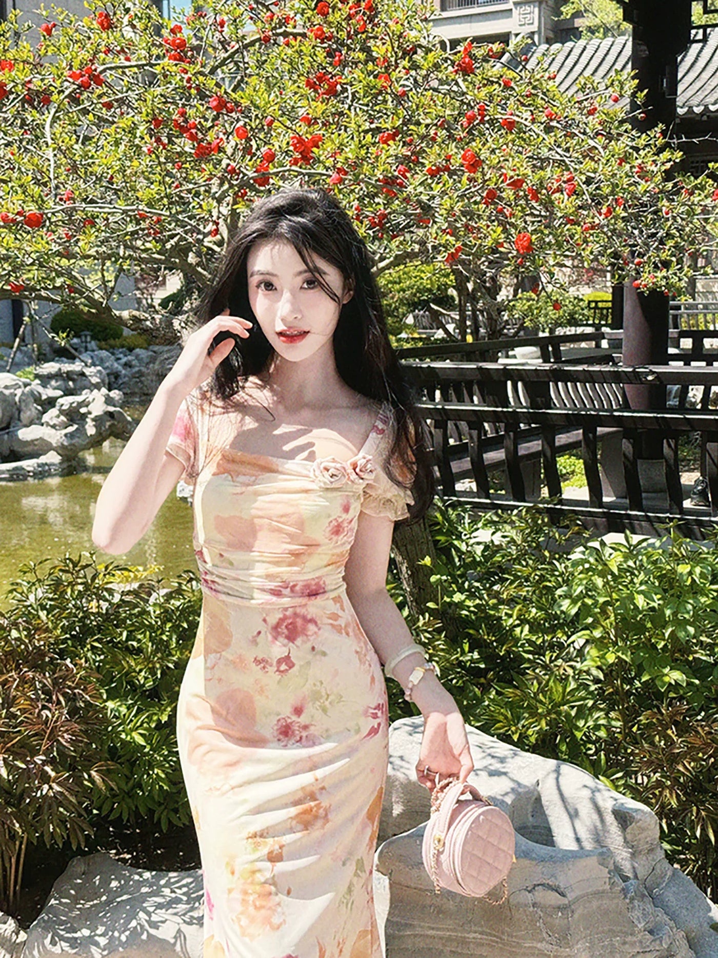 Floral Puff Sleeve Rosette Bodycon Midi Dress 2
