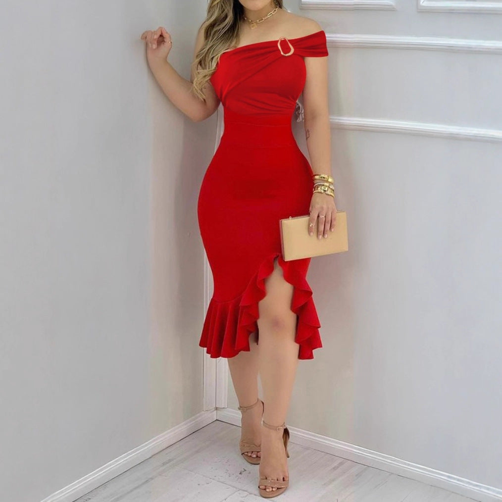 Off Shoulder Ring Detail Ruched Ruffle Hem High Split Bodycon Midi Dress