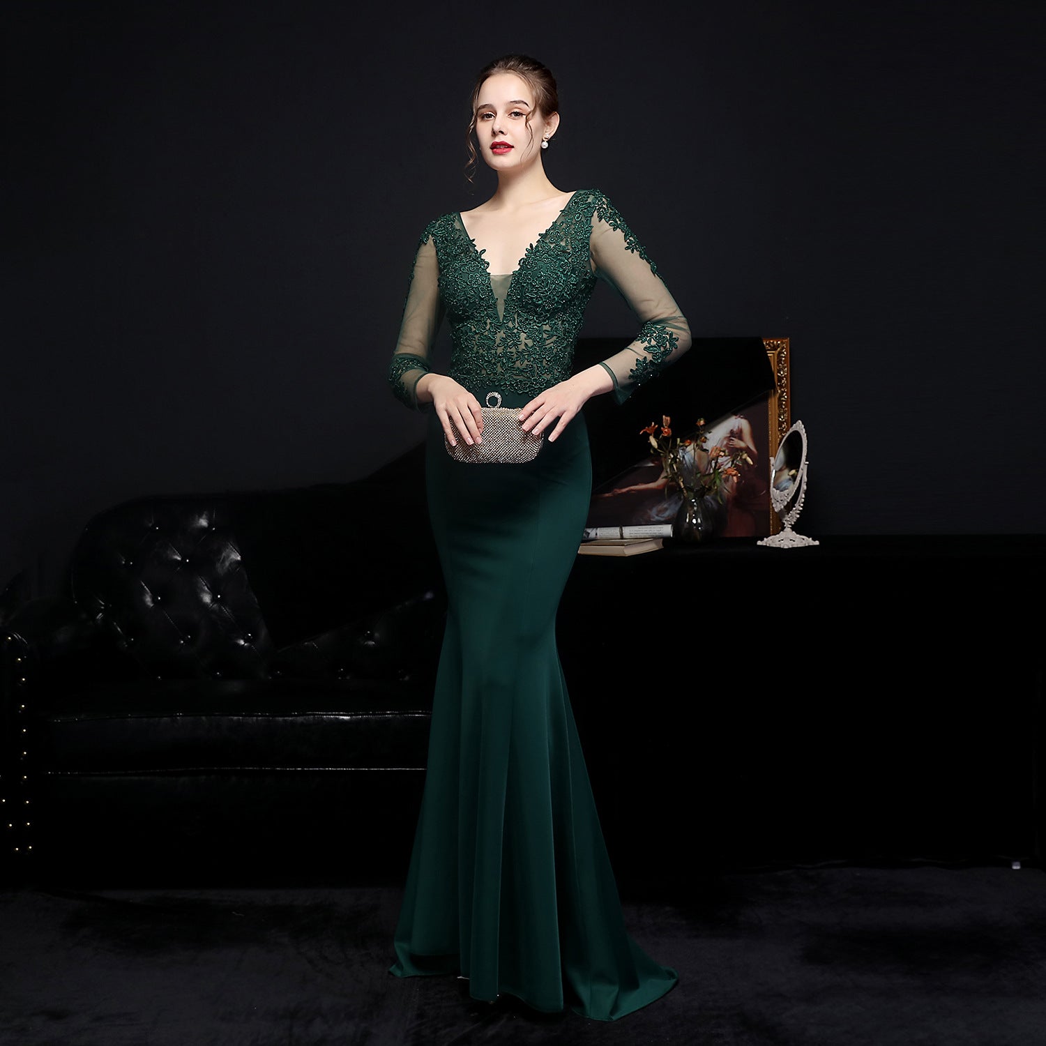 Lace V-Neck Long Sleeve Beaded Mermaid Maxi Gown