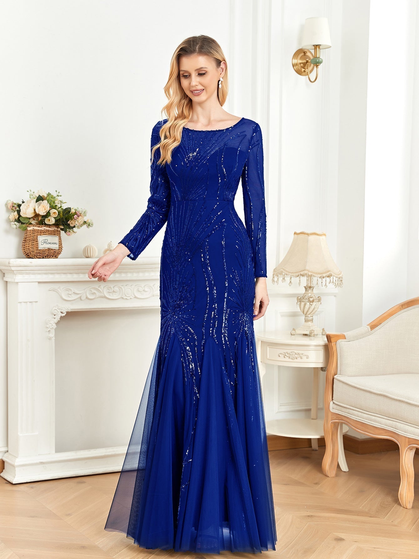 Sequin Crew Neck Long Sleeve Tulle Mermaid Maxi Gown