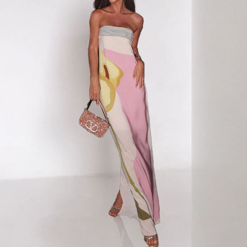 Strapless Floral Print Column Maxi Gown