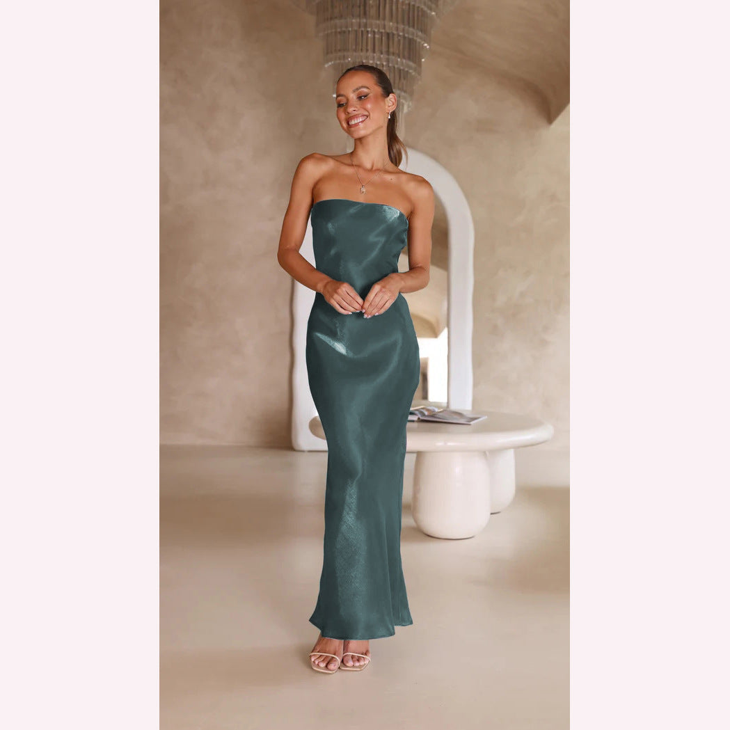 Strapless Bandeau Satin Column Bodycon Maxi Dress